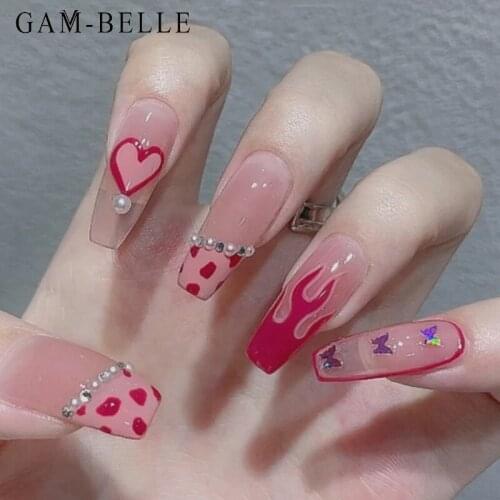 GAM-BELLE Middle Length Ballerina Fake Nails Pink Leopard Flame Heart Pattern Full Cover Detachable Artificial Press On Nails