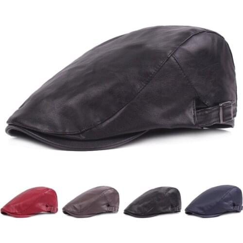 HanXi Winter Women Men Hat PU Leather Beret Visor Fashion Caps for Unisex