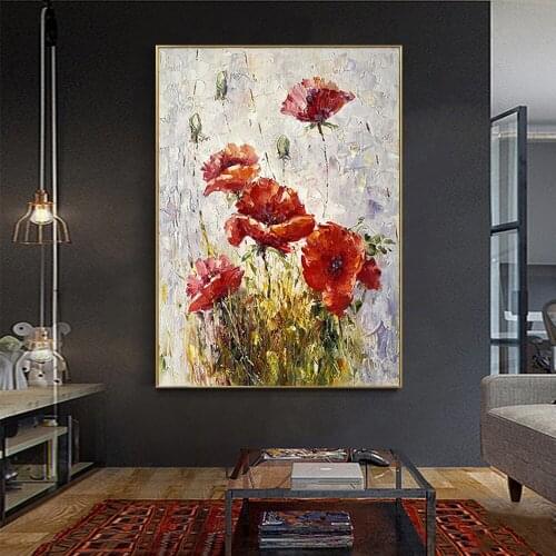 Handmade Thick Texture Oil Paintings Large Salon Dcoration Picture Hand Painted Canvas Abstract Red Flower Oil Painting Artwork