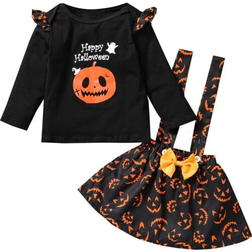 Baby Pumpkin Print Halloween Clothes Sets Letter Print Long Sleeve O-neck T-shirt+Suspender Skirt Bow-knot Childrens Clothing