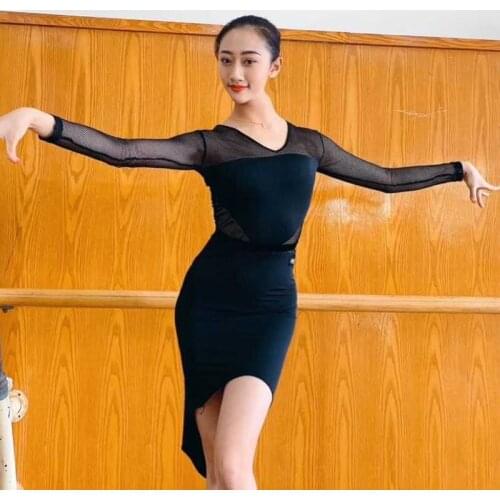 Latin Dance Clothes New Practice Dress V-Neck Long-Sleeved Mesh Dress Chacha Samba Tango Latin Dance Performance Dress DN9086