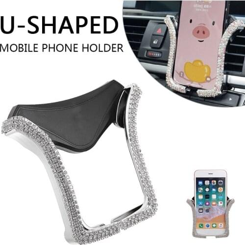 Mayitr 1pc Car Phone Holder Air Vent Mount Clip Cell Crystal U-shaped Rhinestone Holder for Universal Mobile Phones