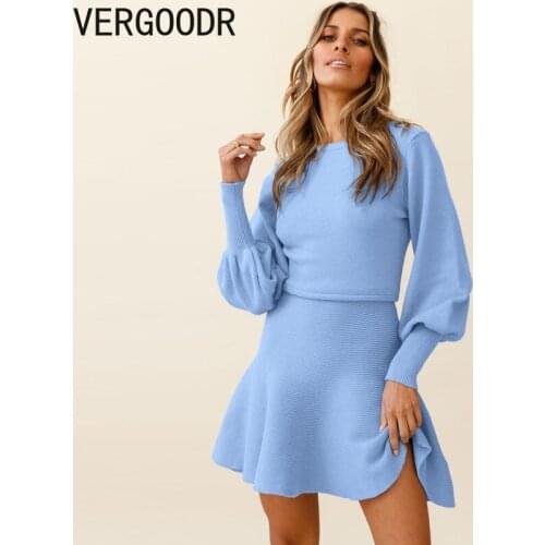 Vergoodr Fashion Solid Color Hedging Female Dress Lantern Long Sleeve Knitted Elegant Dress O-Neck Sweater Dress Plus Size Dress