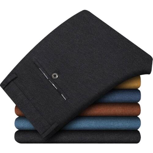 2021 New Mens Casual Pants Business Trousers Regular Straight Pocket Details Trousers Stretch Pants Male Khaki Coffee Size 38