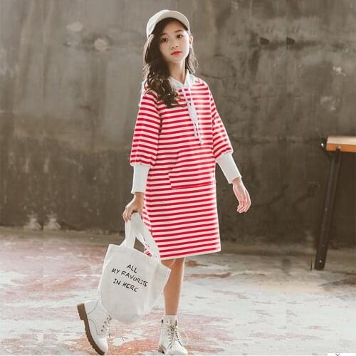 New Casual Spring/Autumn Red/Black Long-Sleeve Stripe Cotton Hoodies Dresses for Girls Clothes Kids Dress&Childrens Clothing