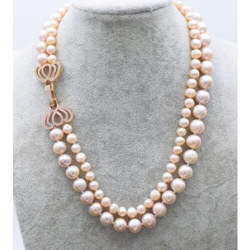 2rows freshwater pearl pink round 7/11mm necklace 17-18inch wholesale beads nature FPPJ woman