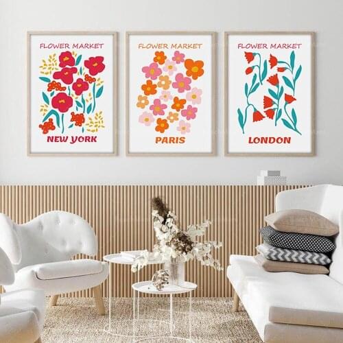 Flower market poster, retro minimalist wall art 3-piece set of prints, flower market flower poster, flower decoration gallery wa