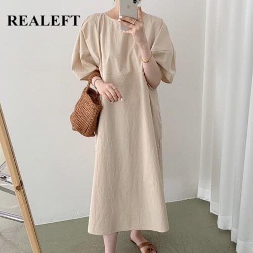 REALEFT Summer 2021 New Oversize Solid Womens Long Dresses Short Puff Sleeve O-Neck Lazy Casual Loose Female Shirts Dresses