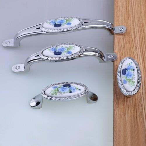128mm Fashion rural blue flower ceramic kitchen cabinet wardrobe door handles silver chrome drawer tv cabinet cupboard knob pull
