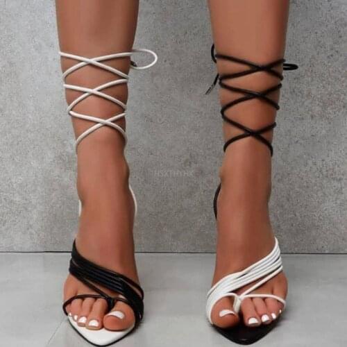 Summer Women Sandals Ladies White Black Strappy High Heel Gladiator Sandals Pointed Toe Lace-up Sexy Female Party Shoes