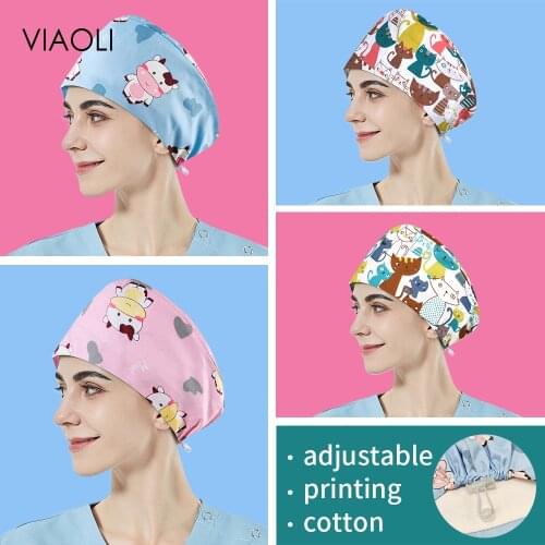 Animal Printing Working Cap with Sweatband High Quality Scrub Cap Long Hair Pet Grooming Adjustable Buckle Hats Wholesale Prices