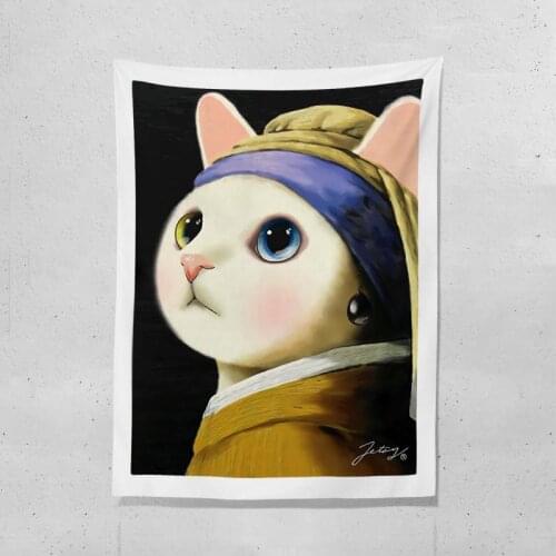Nordic Style Aesthetic Room Decor The Cat with Pearls Tapestry Wall Hanging Velveteen Cute Pet Cloth Backdrops Tapestries