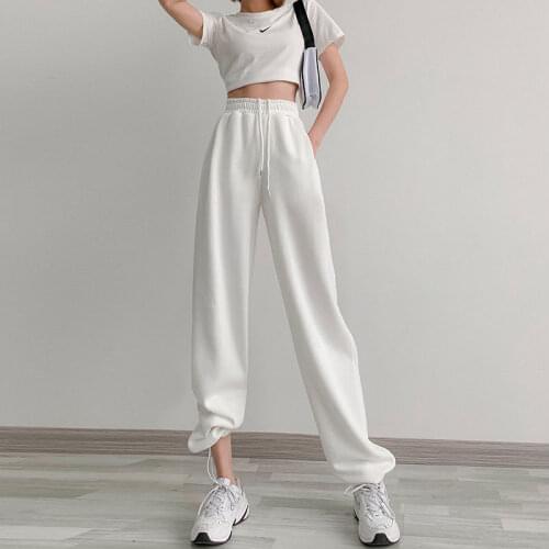Bella Philosophy Sports Casual Cotton White Trousers Female Elastic High Waist Loose Cargo Pants Jogging Pants