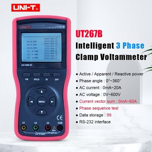 UNI-T UT267B Intelligent 3 Phase Clamp Voltammeter 2/3 Phase Clamp Meters AC Current/voltage Measurement RS-232 Interface