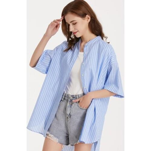 2021 Spring Autumn Tops Women Stripe Shirts Loose Oversize Blouses Casual Cotton Female Top Short Sleeve X-long Work Blusas