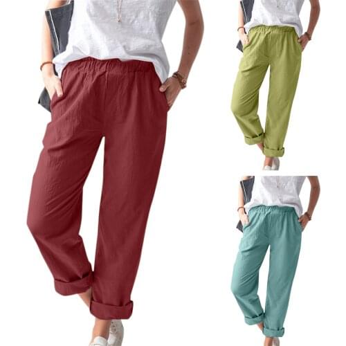 Women Solid Tightness Pants Cotton Linen Trousers Pocket Casual Pant Clothes High Quality Loose Daily Simple Pants Dropshipping
