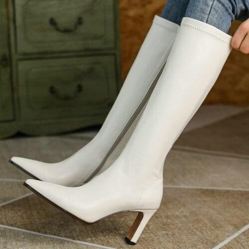 Black White Brown Women Knee High Boots Pointed Toe Square High Heel Ladies Calf Boots Dress Side Zipper Womens Boots Big Size