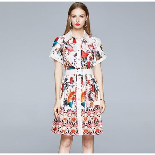 Fashion Designer Scallop Shell Ocean World Flower Print Dress Women Single-Breasted Shirt Dress Female Belt Dress k1805