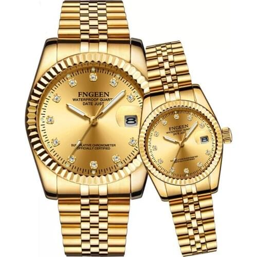 Gold Watches for Men Top new Brand Luxury Diamond Quartz Couple Watch Women Steel Strap Date Luminous Reloj Hombre Lovers Watch