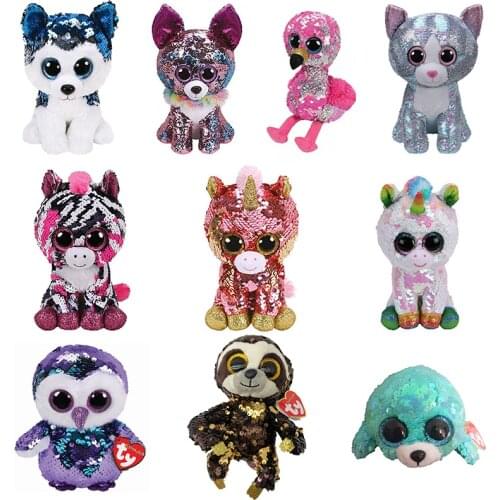 15cm Ty Beanie Flippables Confetti Big Eyes Dog Cat Owl Unicorn Kawaii Soft Stuffed Plush Doll Unisex Kids Toys Gifts for Girls