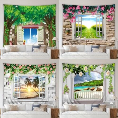 3D Landscape Tapestry Ocean Beach Tropical Plant Palm Tree Flowers Green Leaves Living Room Bedroom Mural Wall Hanging Blanket