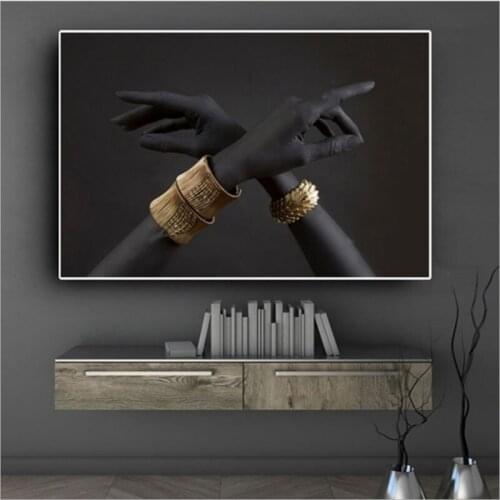 Abstract Posters and Prints Black Gold Canvas Painting Hand with Gold Bracelet African Wall Art Picture Living Room Home Decor