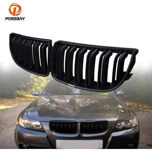 POSSBAY Car Front Bumper Kidney Dual Slats Grilles Matte Black Racing Grills Fit for BMW 3-Series E91 Wagon 2006 2007 2008