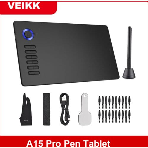 VEIKK A15 Pro Digital Drawing Tablet of 10 x 6 inch graphics tablets 12 Keys and Scroll wheel with 8192 Level Battery-Free Pen