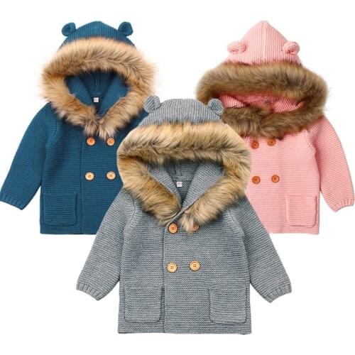 Baby Knit Cardigan Winter Fall Fall Sweater Clothes Removable Fur Hoody Newborn Boys Girl Knitwear Pink Long Sleeve Children