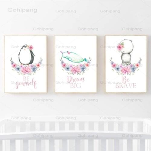 Canvas Painting Narwhal Penguin Polarbear Whale Nursery Wall Art Nordic Posters and Prints Wall Pictures Decor Baby Kids Room