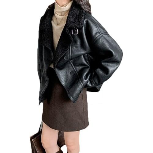 2021 Autumn Winter Short Locomotive Jacket Fur One Lamb Fur Coat Female Jacket Leather Jacket Women Outerwear 90B