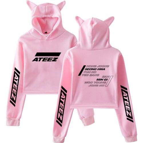 Korean Fashion KPOP ATEEZ Kawaii Crop Top Hoodie Funny Cat Ear Cropped Short Sweatshirt Hooded Pullover Women Tops Streetwear