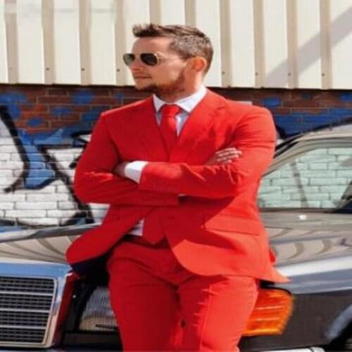 Handsome Bridegroom Men Suit Set Slim Fit Best Man Groom Tuxedos Prom Wedding Groomsmen Suits Casual Red Blazers (Jacket+Pants)