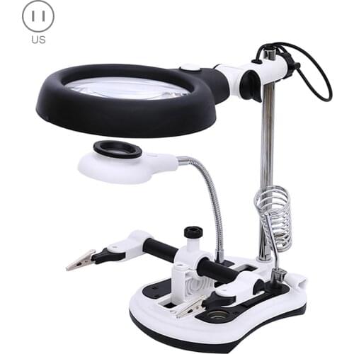 2.5X 6X Hands Free 18LEDs Magnifier Station with Clips Replaceable 10X Auxiliary Lens for Soldering Modeling Repair DIY Crafts