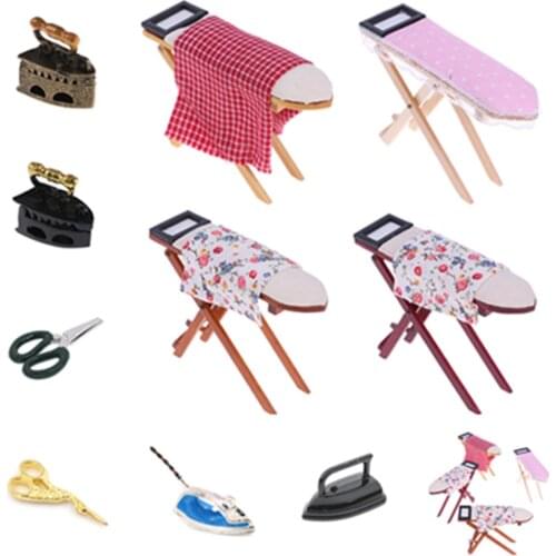 Mini Dollhouse Miniature 1:12 Toy Vintage Metal Black Iron Board Scissors Iron Clothes Tool Urniture Toys Accessories Doll House