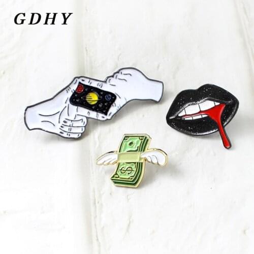 GDHY Fashion Pins Black Lips Wing Banknote And White Gesture Brooch Enamel Pin Backpack Bag Accessories Badges For Woman pin