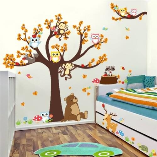 Cartoon Animals Bear Monkey Owls Tree Wall Sticker For Kindergarten Kids Room Decoration Home Decals Autumn Scenery Mural Art
