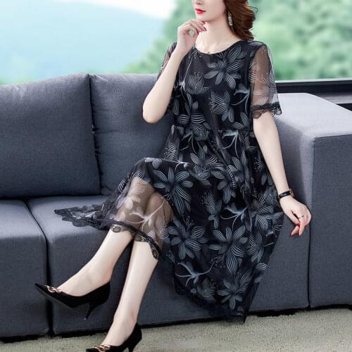 2021 New Summer Middle Aged Women Loose Midi Mesh Dress Female Casual Printing Floral Plus Size Vintage Dresses Vestidos Y809