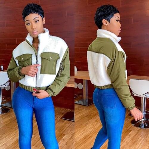 TNNAOFF Patchwork Furry Short Coats for Women Winter Clothes Thicken Plush Pocket Soft Velvet Outerwear Fleece Cropped Jackets