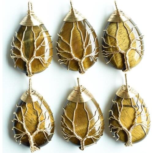 Wholesale 6pcs/lot fashion Gold Color Wire Wrap handmade tree of life drop shape natural tiger eye stone Pendants free shippingg