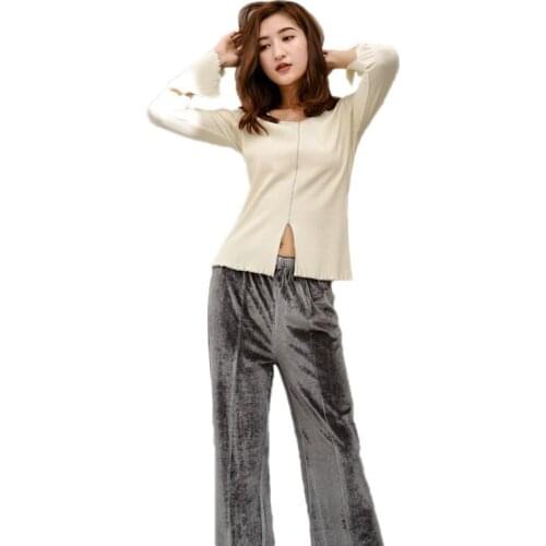 Autumn Ladies Wide-leg Pajamas Long-sleeved Trousers Striped Home Clothes Leisure Velvet Sleepwear Simple Comfortable Loungewear