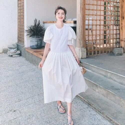 Pleated Dress Women Casual O-Neck Summer Slim Waist Skirt Fashion High Quality Dress New French Puff Sleeve Dress Female L5