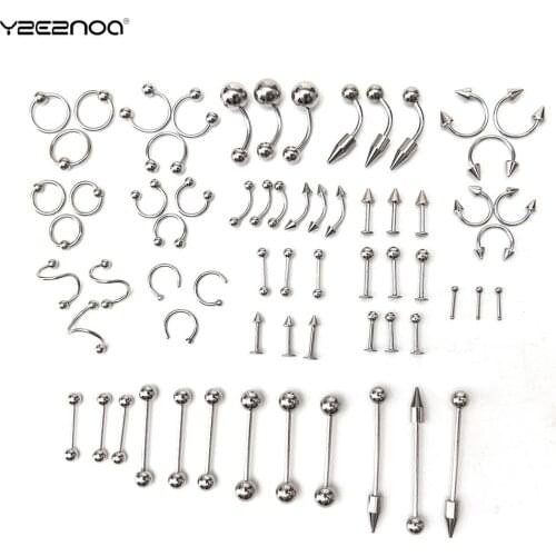 Unisex Body Piercing Multi-type Stainless Steel Curved Eyebrow Nose Lip Earrings Nipple Piercings Punk 66Pcs