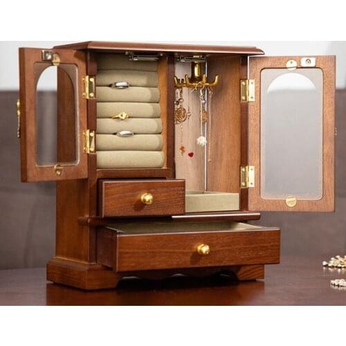 Retro Solid Wood Cabinet Jewelry Box Earring Earrings Storage Necklace Ring Household Large Capacity