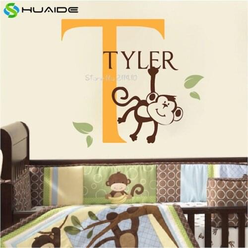 Funny Monkey Custom Name Wall Stickers For Kids Room Personalized Baby Name Wall Tattoo Best Birthday Gift Room Decoration A589