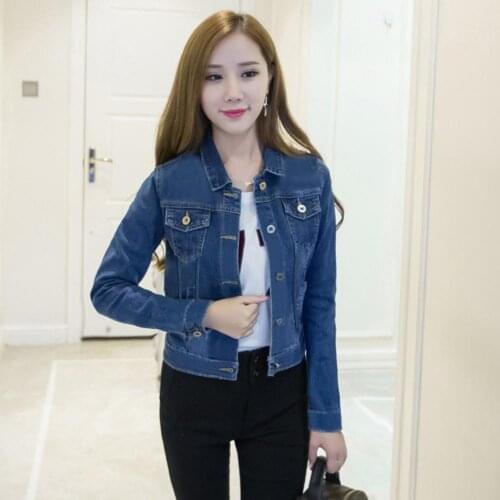 80% Hot Sell Women Short Jeans Jacket Slim Turn Down Collar Long Sleeve Button Denim Outwear
