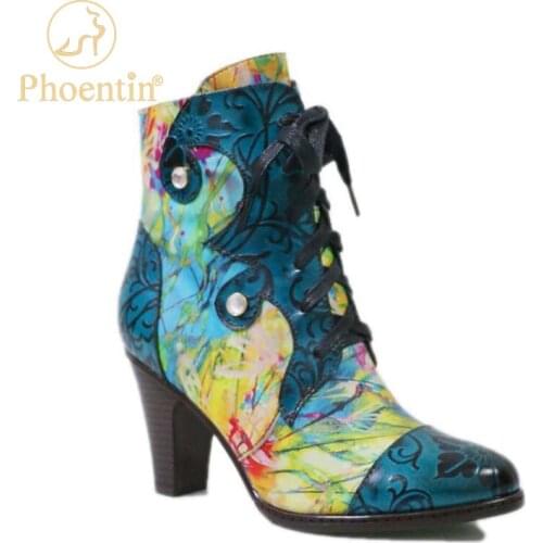 Phoentin Genuine Leather Ankle Boots Womens Hand-painted Shoes ladies Pointed Toe high Heel Winter colorful short boot FT1186