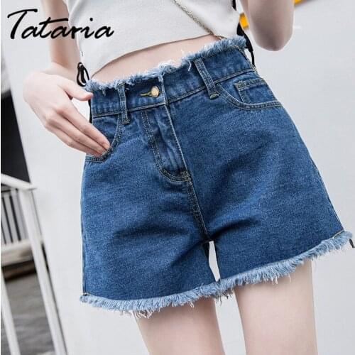 Tataria Summer Shorts Women High Waist Denim Shorts Female Wide Leg Vintage Loose Burr Jeans Shorts Skirts Harem Short Pants