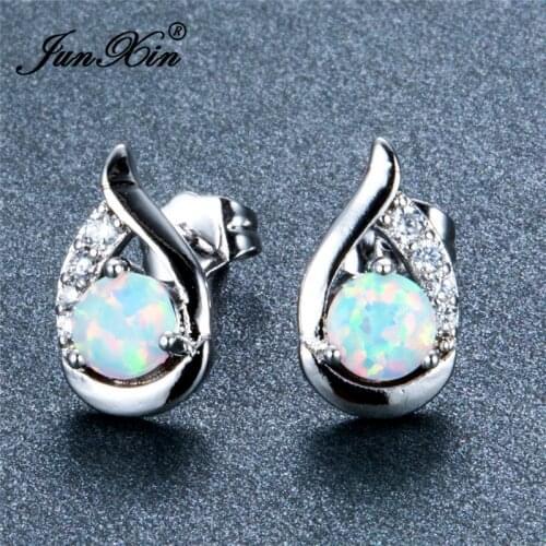 JUNXIN New Unique Silver Color/Black/Rose Gold Filled AAA Zircon Jewelry Mystic White Fire Opal Stud Earrings For Women