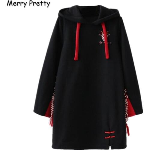 Merry Pretty Women Cartoon Embroidery Black Long Harajuku Hoodies Sweatshirts 2020 Winter Long Sleeve Hooded Tracksuit Pullovers